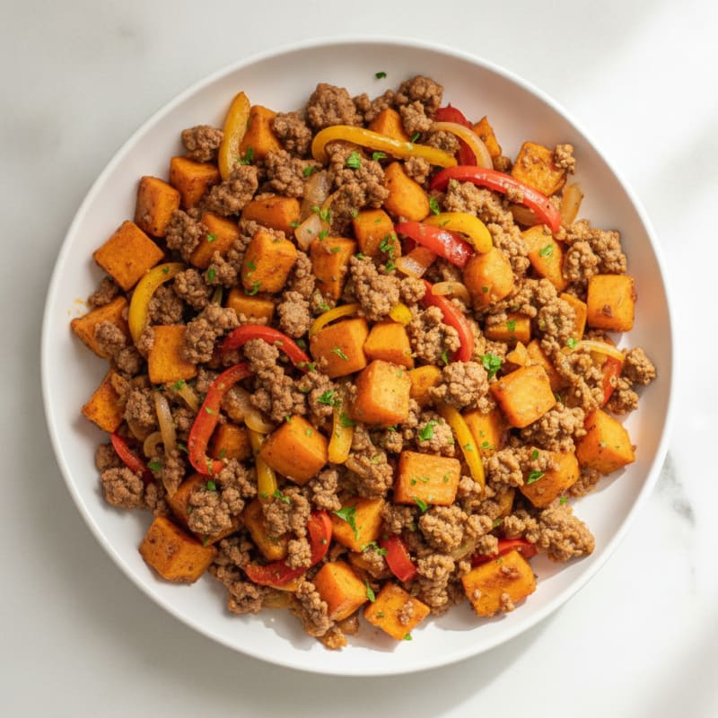 Ground Beef Skillet with Sweet Potatoes and Peppers