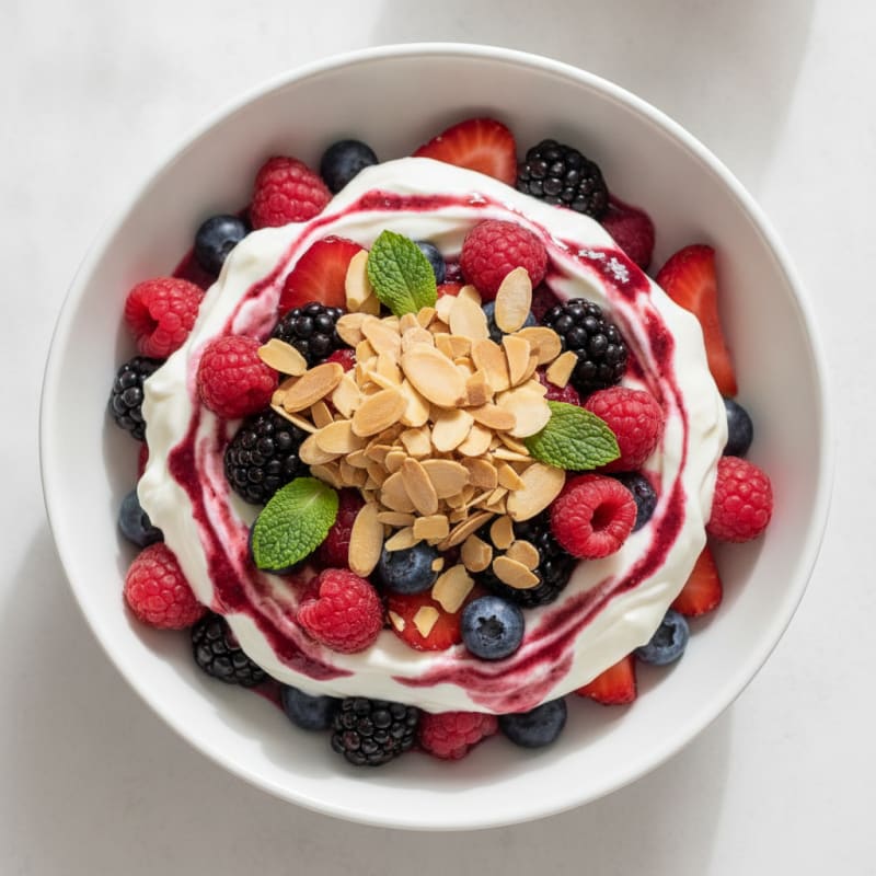 Greek Yogurt Protein Parfait with Mixed Berries and Almonds