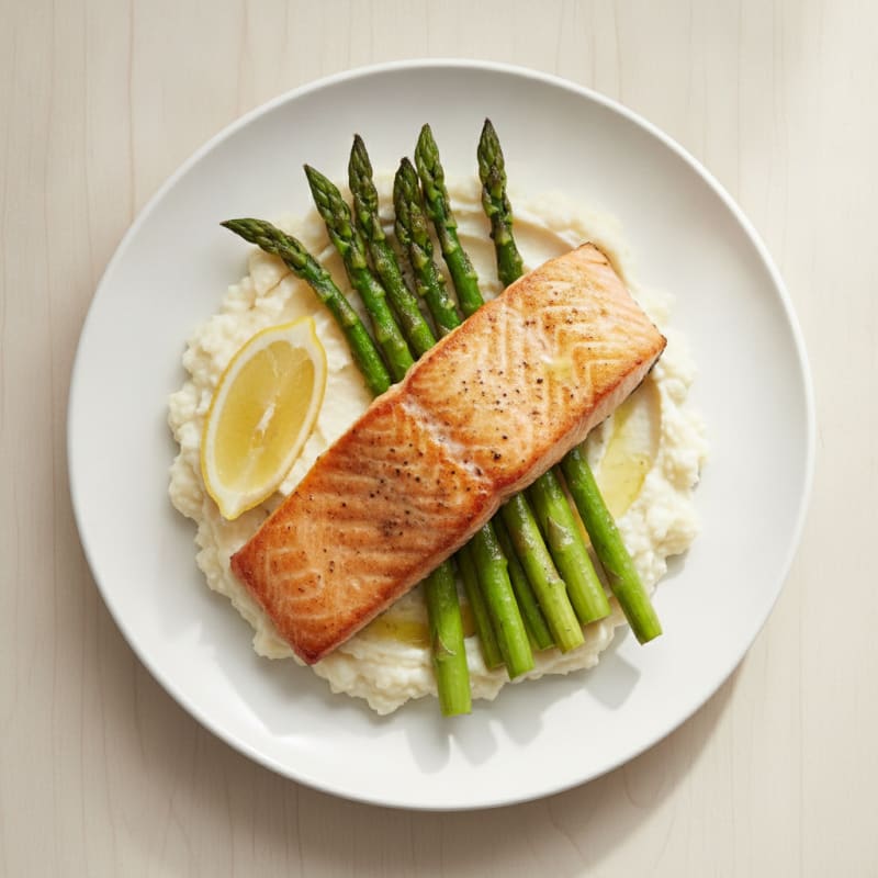 Seared Salmon Fillet with Roasted Asparagus and Cauliflower Mash