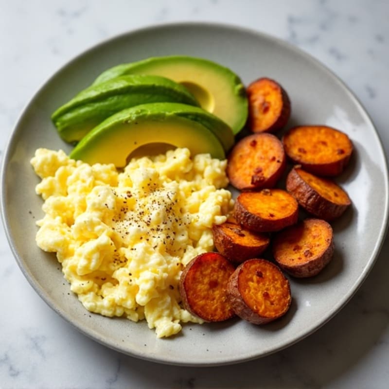 Creamy Avocado and Scrambled Eggs with Crispy Roasted Sweet Potatoes