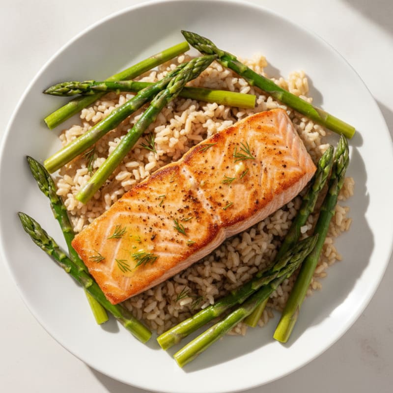 Seared Salmon Fillet with Steamed Asparagus and Brown Rice