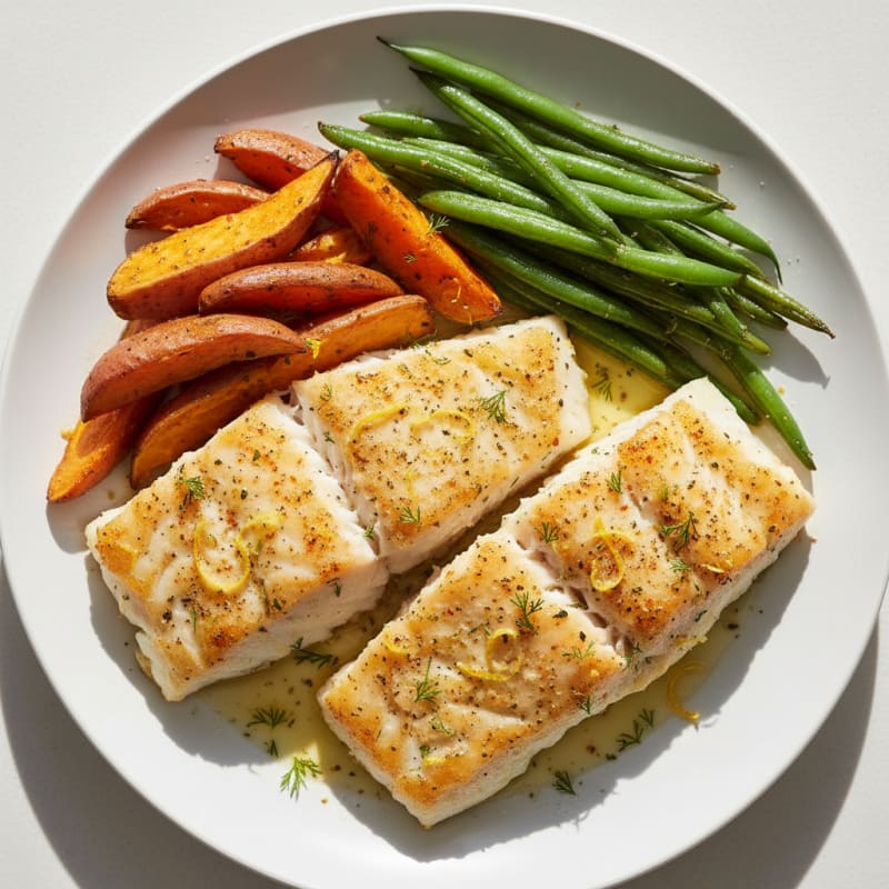 Baked Cod with Roasted Sweet Potatoes and Green Beans