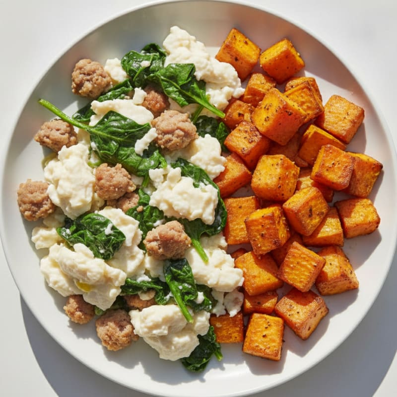 Egg White and Turkey Sausage Scramble with Spinach and Roasted Sweet Potato