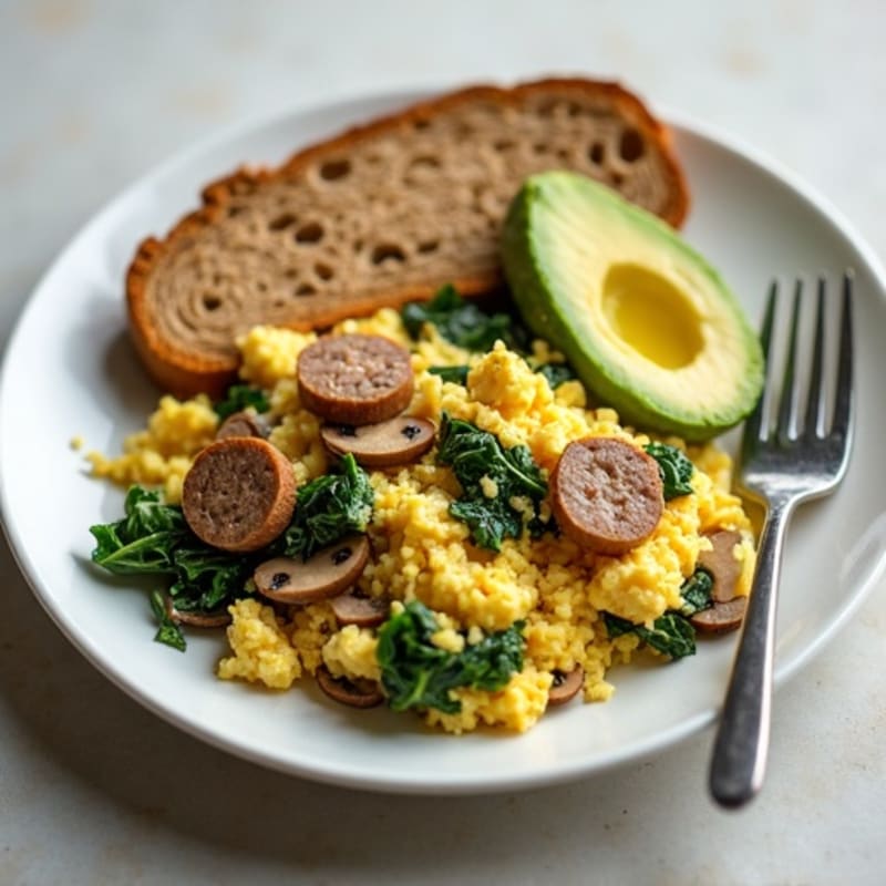 Egg White Spinach Scramble with Turkey Sausage and Sautéed Mushrooms