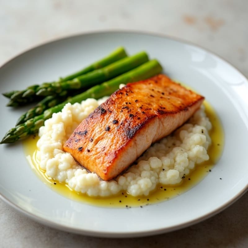 Seared Salmon with Steamed Asparagus and Cauliflower Mash