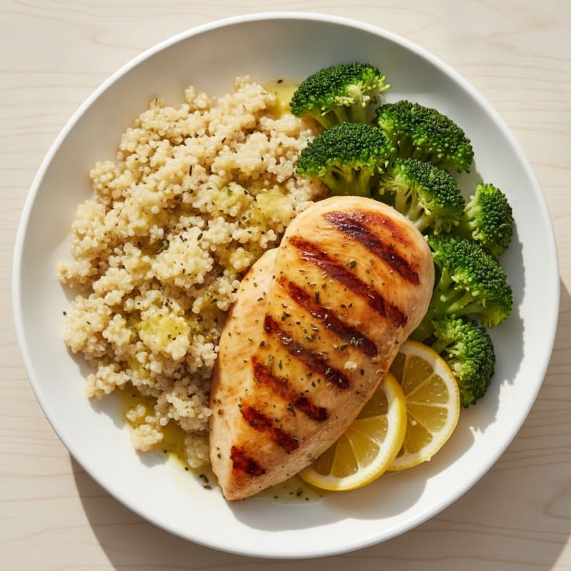 Grilled Chicken Breast with Steamed Broccoli and Quinoa