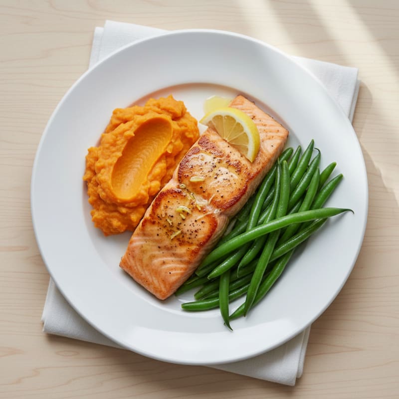 Seared Salmon with Steamed Green Beans and Sweet Potato Mash
