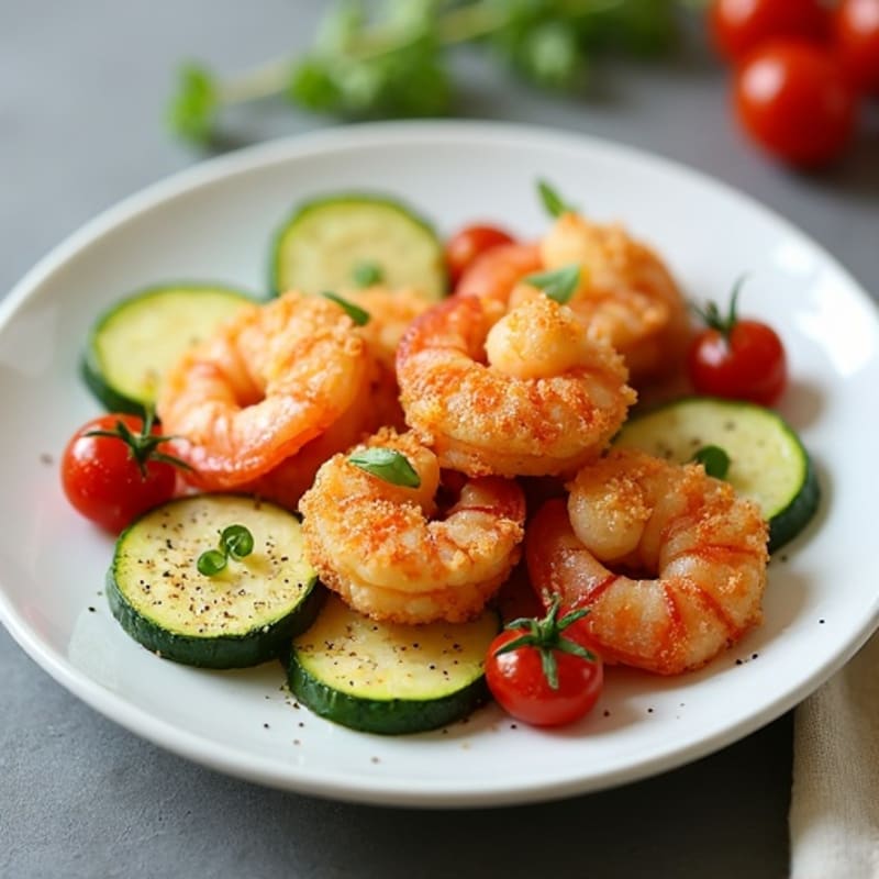 Crispy Garlic Shrimp with Sautéed Zucchini and Cherry Tomatoes