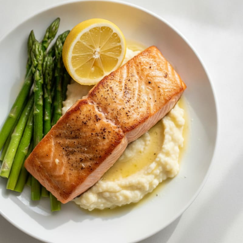 Seared Salmon with Steamed Asparagus and Cauliflower Mash