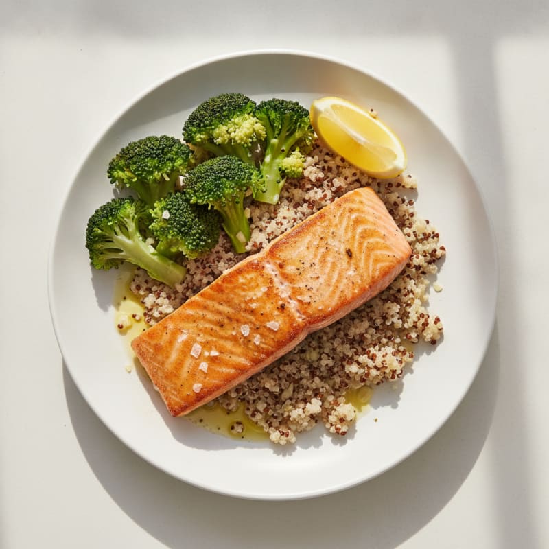 Seared Salmon Fillet with Steamed Broccoli and Quinoa