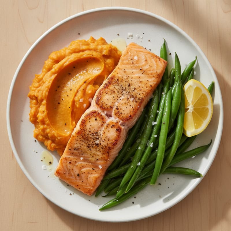 Seared Salmon Fillet with Steamed Green Beans and Sweet Potato Mash