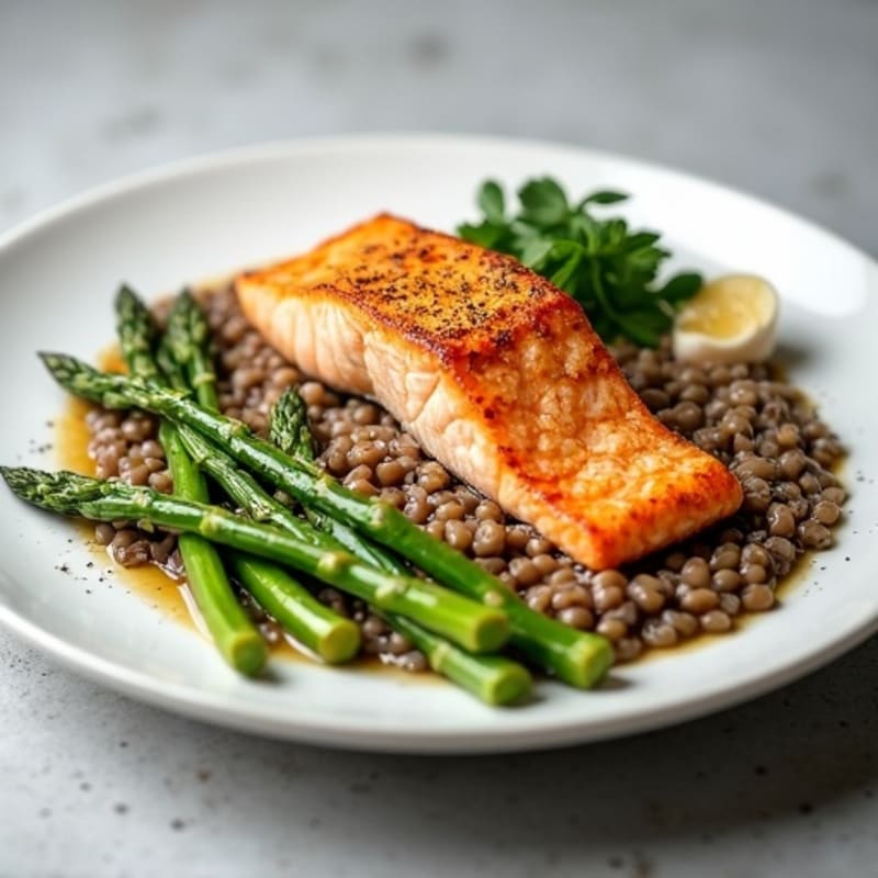 Seared Salmon Fillet with Steamed Asparagus and Lentil Mash