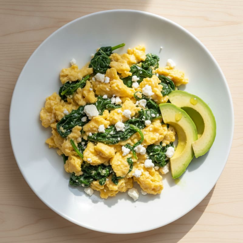 Creamy Scrambled Eggs with Sautéed Spinach and Feta