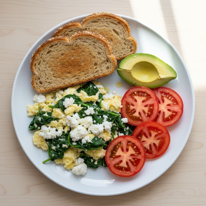 Egg White Spinach Scramble with Cottage Cheese and Fresh Tomatoes