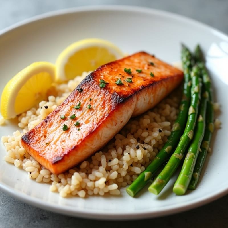 Seared Salmon Fillet with Steamed Asparagus and Brown Rice