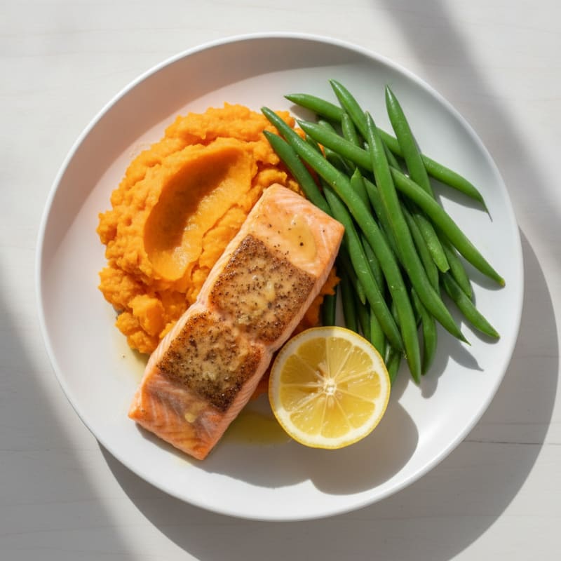 Seared Salmon with Steamed Green Beans and Sweet Potato Mash