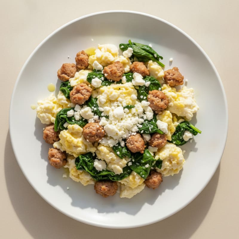 Egg White and Turkey Sausage Scramble with Spinach and Feta