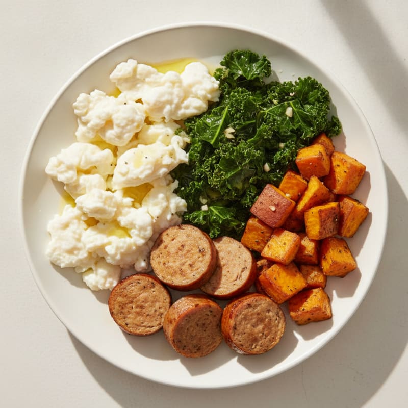 Scrambled Egg Whites with Chicken Sausage and Sautéed Kale