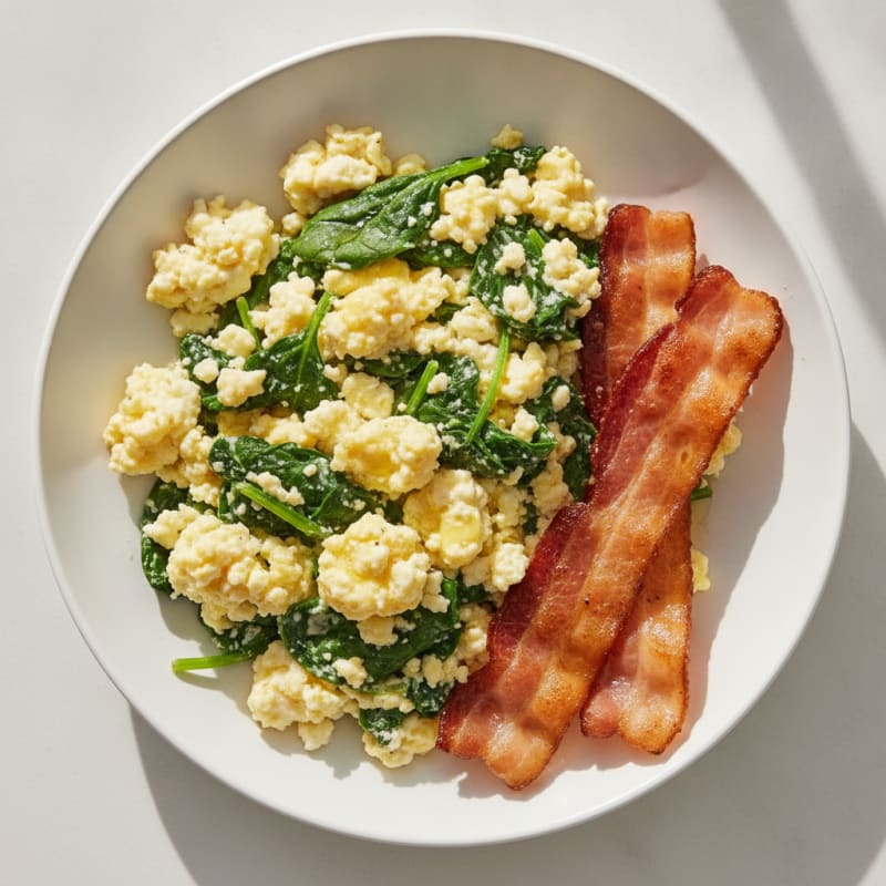 Cottage Cheese Egg Scramble with Spinach and Turkey Bacon
