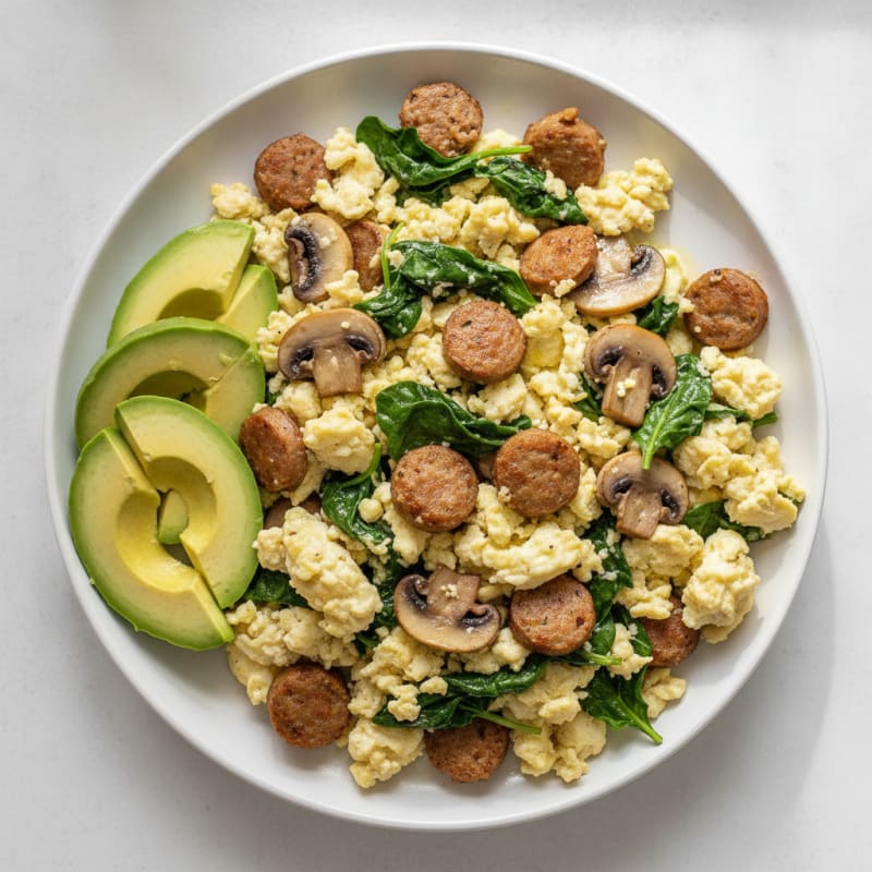 Egg White Spinach Scramble with Turkey Sausage and Sautéed Mushrooms