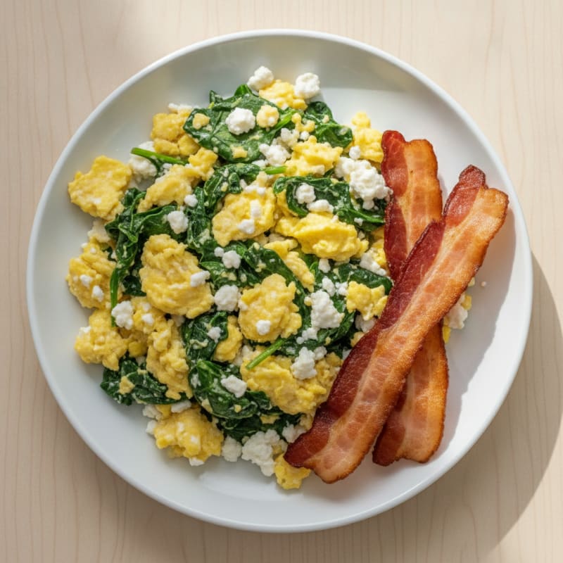 Cottage Cheese Scramble with Spinach and Turkey Bacon