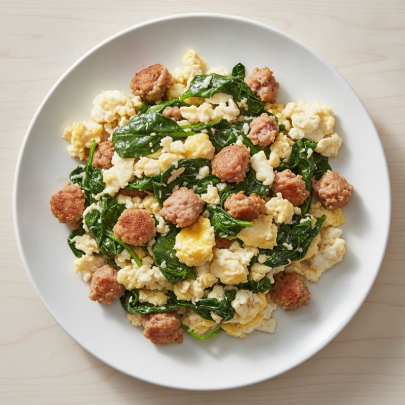 Scrambled Egg Whites with Turkey Sausage and Sautéed Spinach