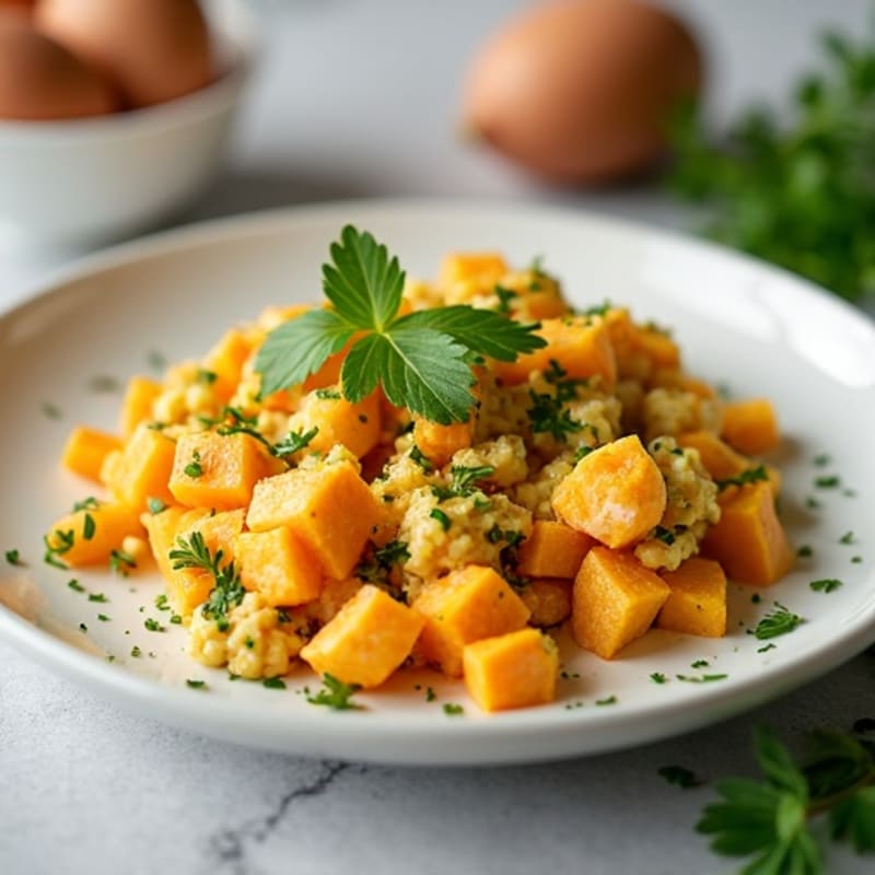 Fluffy Egg and Fresh Herb Scramble with Roasted Sweet Potatoes