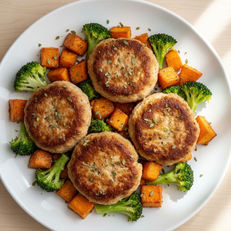 Seared Turkey Patties with Roasted Sweet Potato and Steamed Broccoli