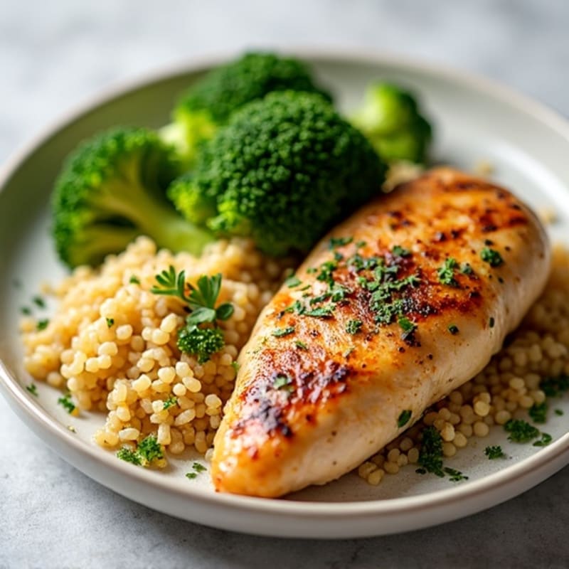 Grilled Lemon Herb Chicken with Quinoa and Steamed Broccoli