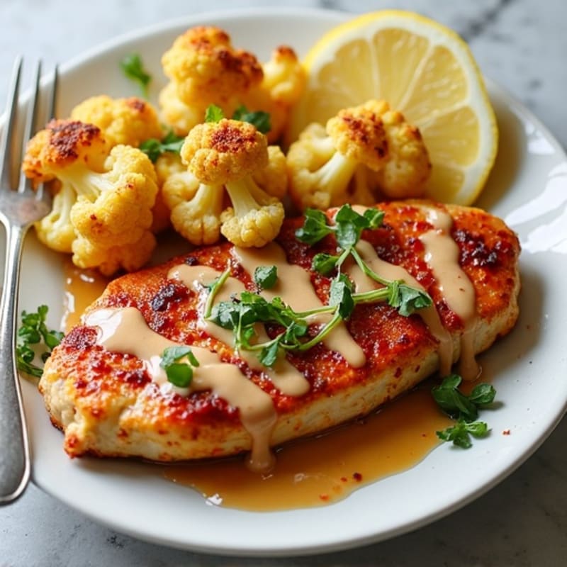 Sheet Pan Harissa Chicken and Cauliflower with Creamy Tahini Drizzle