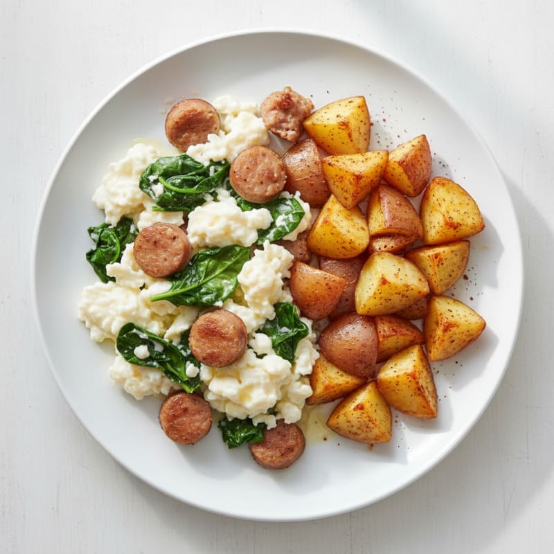 Egg White and Chicken Sausage Scramble with Roasted Potatoes