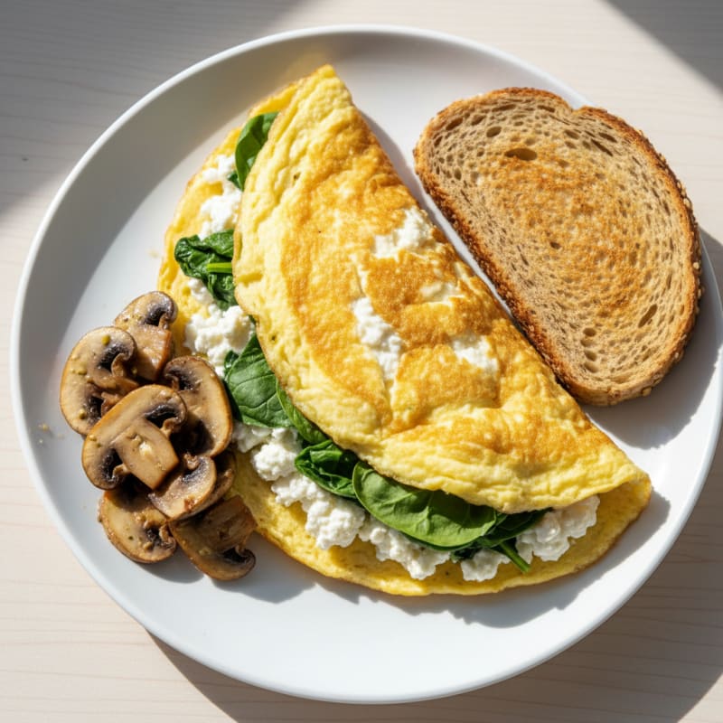 Egg White Spinach Omelet with Cottage Cheese and Sautéed Mushrooms