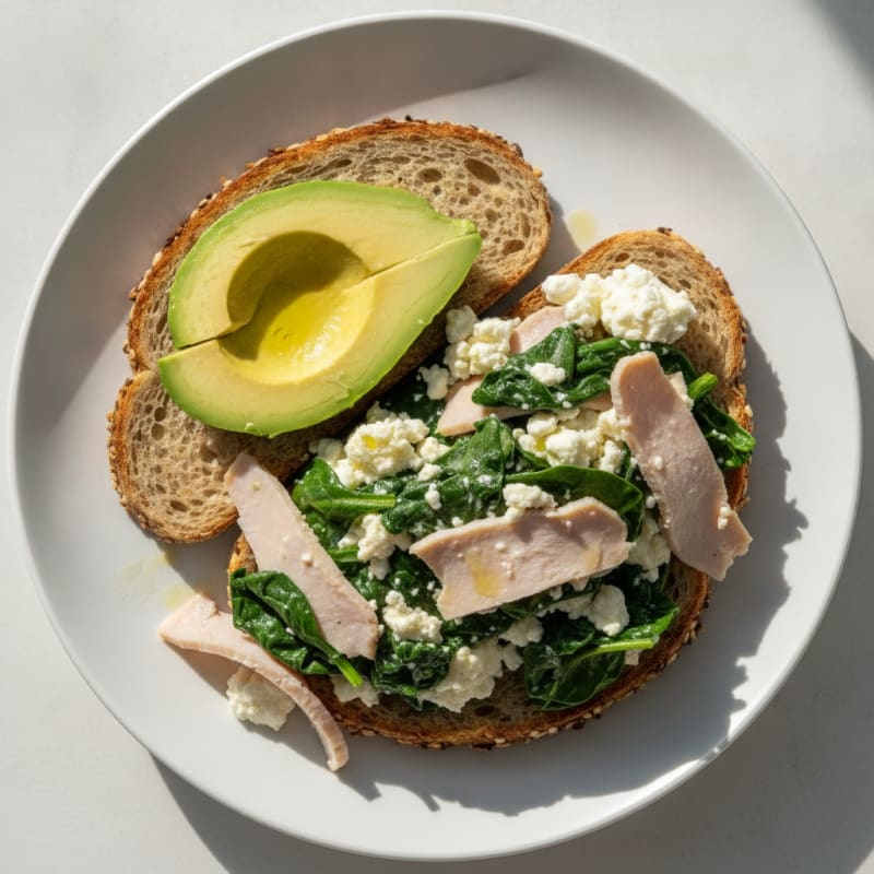 Egg White Spinach Scramble with Cottage Cheese and Sliced Turkey
