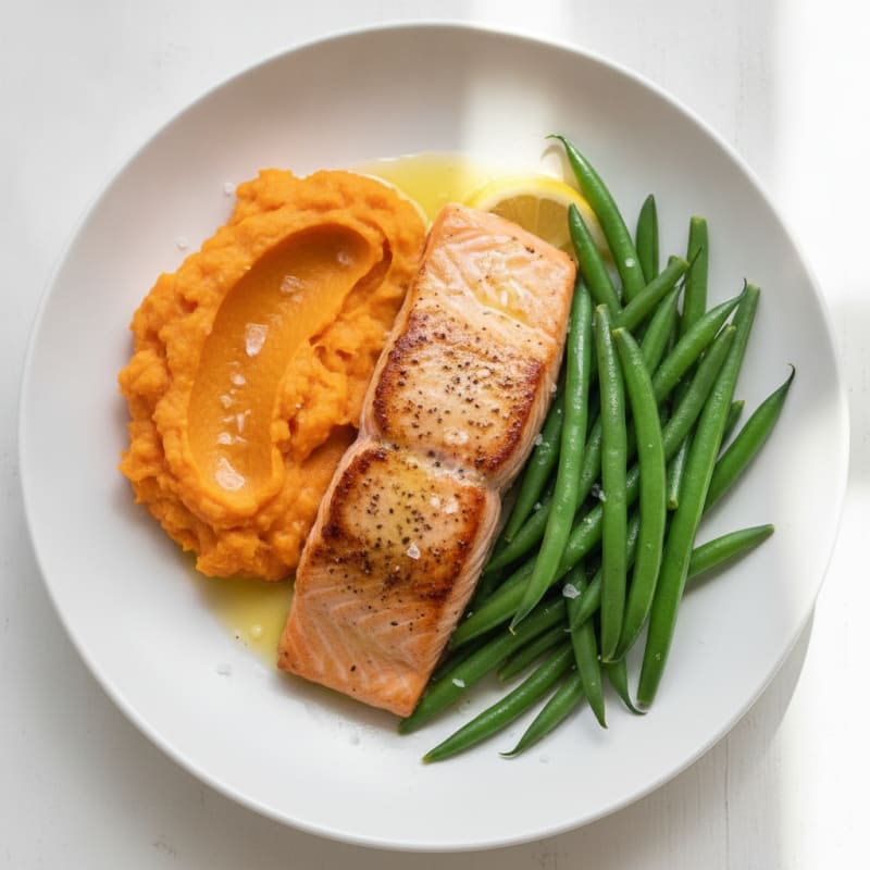 Seared Salmon with Steamed Green Beans and Mashed Sweet Potato