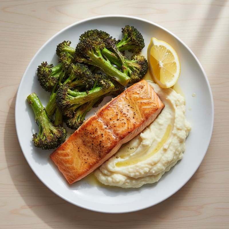 Seared Salmon Fillet with Roasted Broccoli and Garlic Mashed Cauliflower