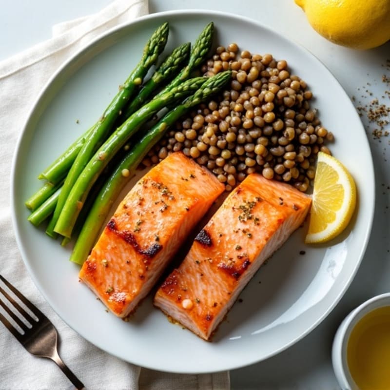 Seared Salmon with Steamed Asparagus and Lentil Salad