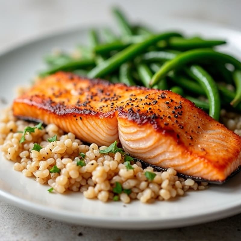 Seared Salmon with Garlic Green Beans and Brown Rice