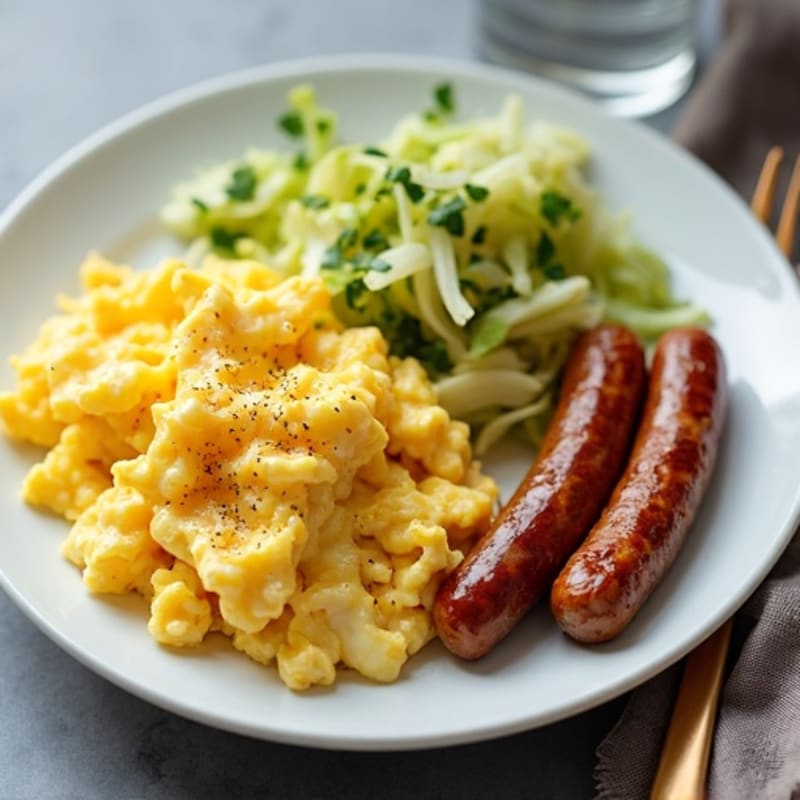 Creamy Scrambled Eggs with Turkey Sausage and Sautéed Cabbage