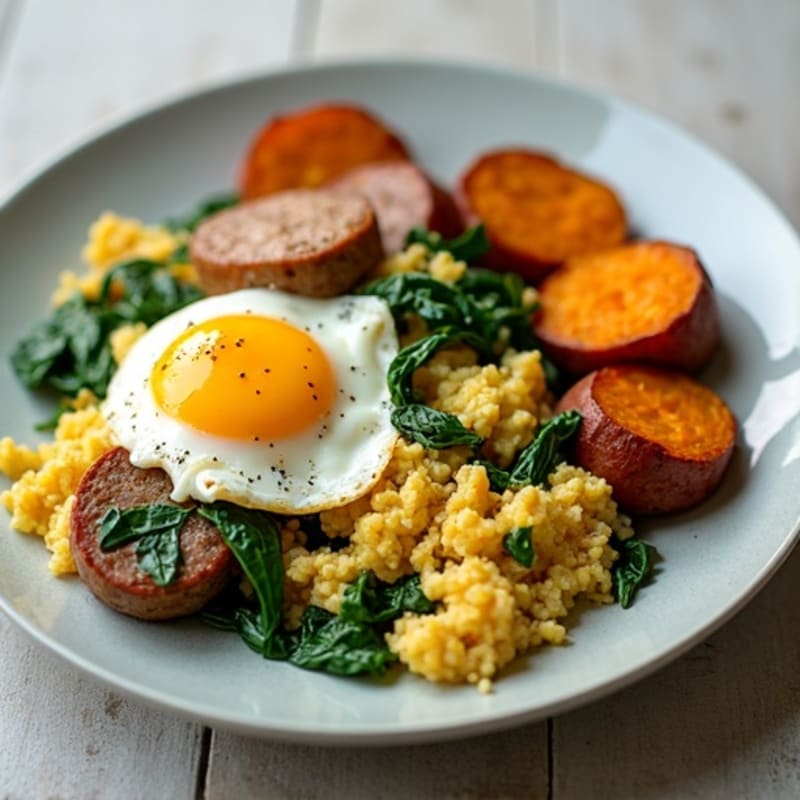 Egg White and Turkey Sausage Scramble with Spinach and Roasted Sweet Potatoes