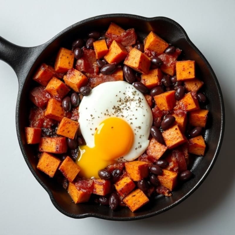 Sheet Pan Roasted Sweet Potato Hash with Crispy Bacon, Black Beans, and Poached Eggs
