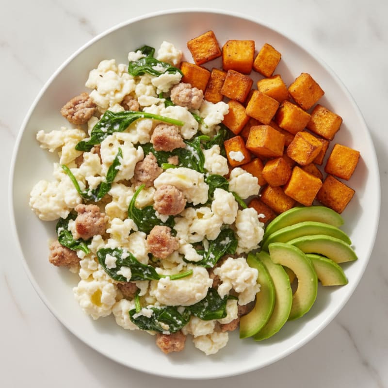 Egg White and Turkey Sausage Scramble with Roasted Sweet Potato