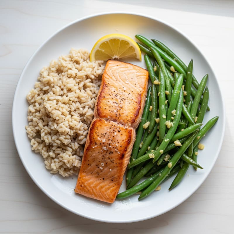 Seared Salmon with Garlic Green Beans and Brown Rice