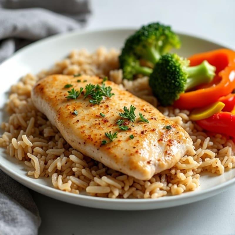 Garlic Ginger Chicken with Sautéed Rice and Crispy Vegetables