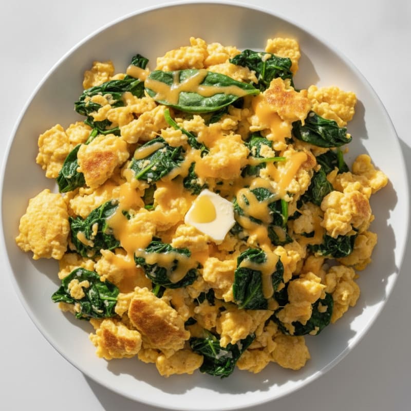 Scrambled Eggs with Sautéed Spinach and Raw Cheddar