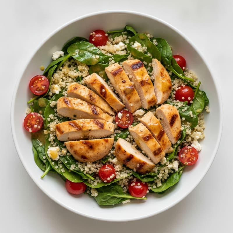 Grilled Chicken and Quinoa Power Bowl with Spinach and Cherry Tomatoes