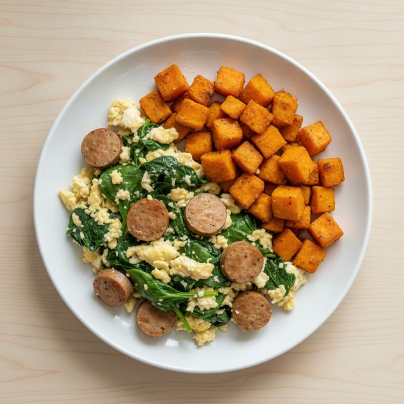 Egg White and Turkey Sausage Scramble with Spinach and Roasted Sweet Potato