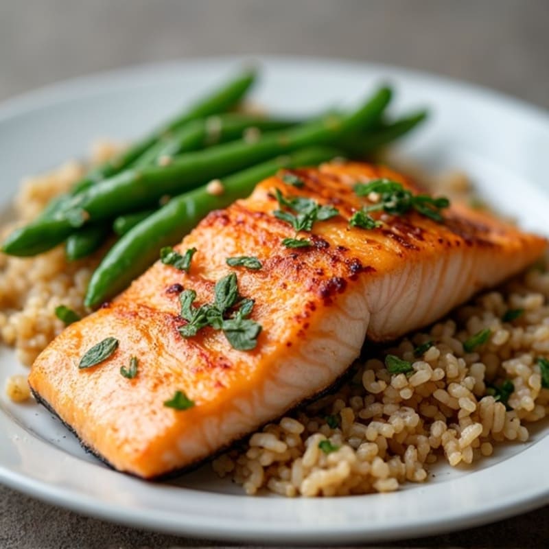 Seared Salmon Fillet with Garlic Green Beans and Brown Rice