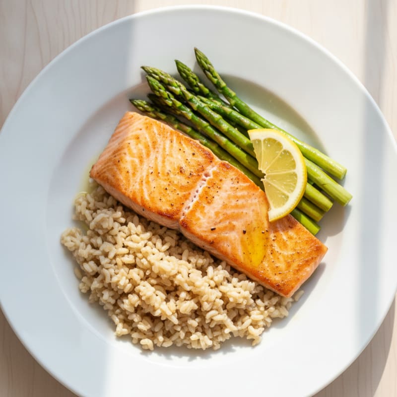 Seared Salmon Fillet with Steamed Asparagus and Brown Rice