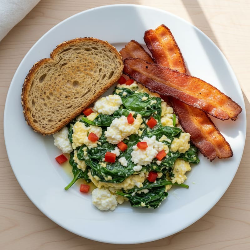 Cottage Cheese Scramble with Spinach and Turkey Bacon
