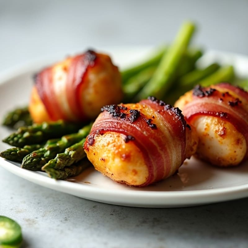 Crispy Bacon-Wrapped Jalapeño Chicken Bites with Roasted Asparagus